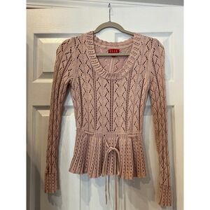 ELLE Peplum Sweater Pink Cotton Blend Pointelle Knit Coquette Balletcore